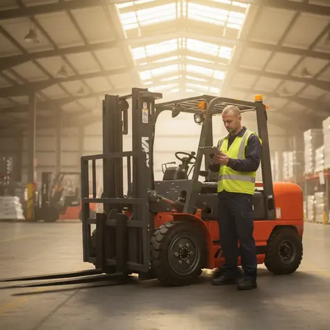 Cariste avec EPI vérifiant un chariot élévateur VMAX dans un entrepôt via checklist sécurité.