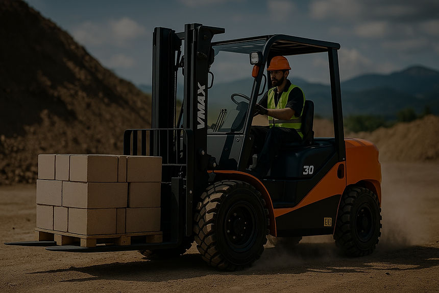 chariot élévateur VMAX tout-terrain 4x4 en action sur chantier, pneus larges, mât renforcé, palette de blocs — usage extérieur