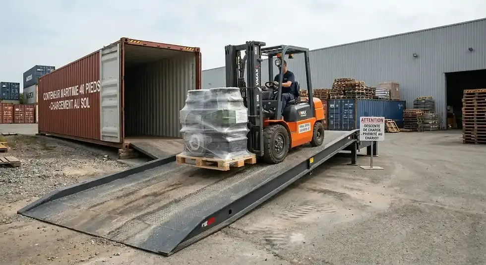 Chariot élévateur diesel VMAX descendant une rampe pour décharger un conteneur posé au sol en cour extérieure