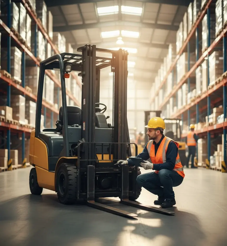 Cariste inspectant les fourches d’un chariot élévateur en entrepôt pour contrôle sécurité avant prise de poste.