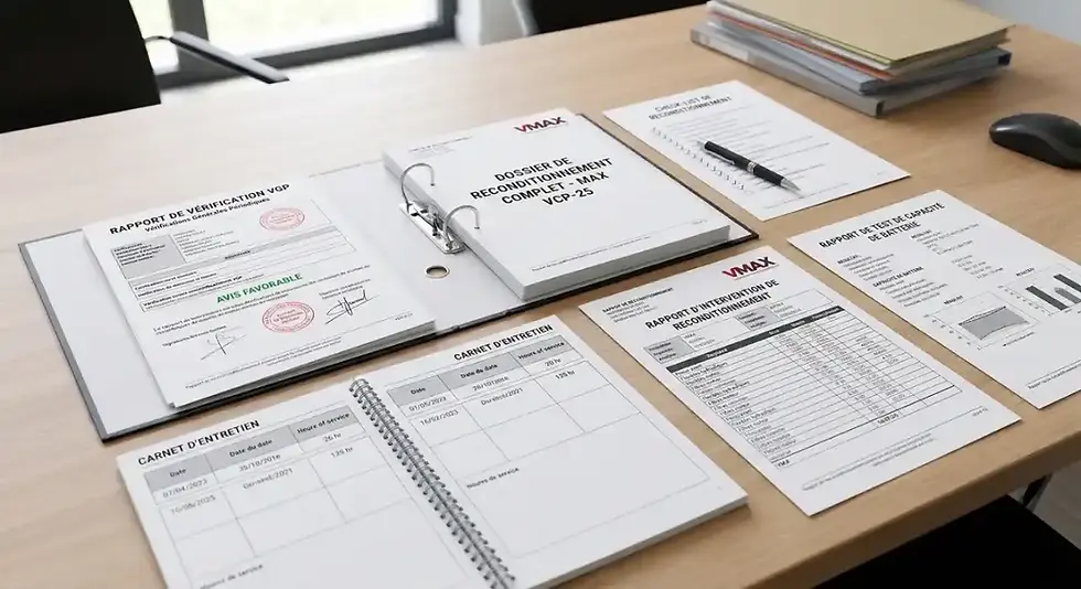 Dossier de documentation complet chariot élévateur reconditionné VMAX — VGP, carnet entretien, rapport de reconditionnement et test batterie