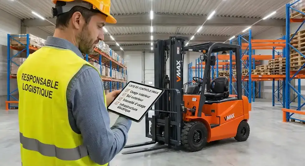 Responsable logistique consultant la liste de contrôle VMAX pour choisir entre chariot élévateur électrique et diesel — critères : usage intérieur, sol extérieur, intensité d'usage, infrastructure électrique — entrepôt VMAX en arrière-plan