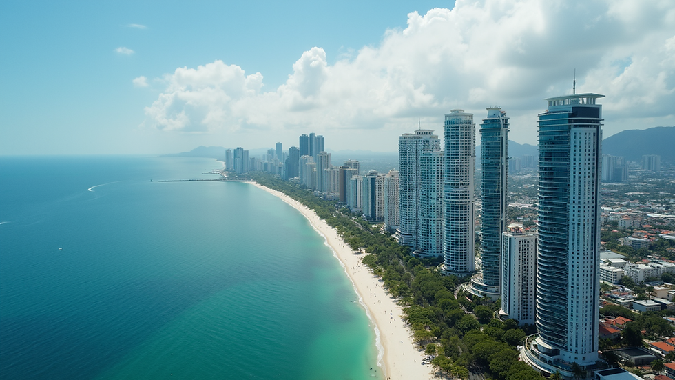 High angle view of Panama City skyline with modern buildings and waterfront