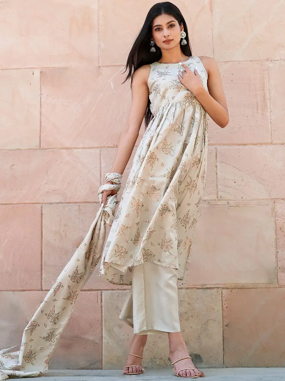 Beige Printed Silk Blend A-Line Kurta With Palazzos & Dupatta By ZaraZari