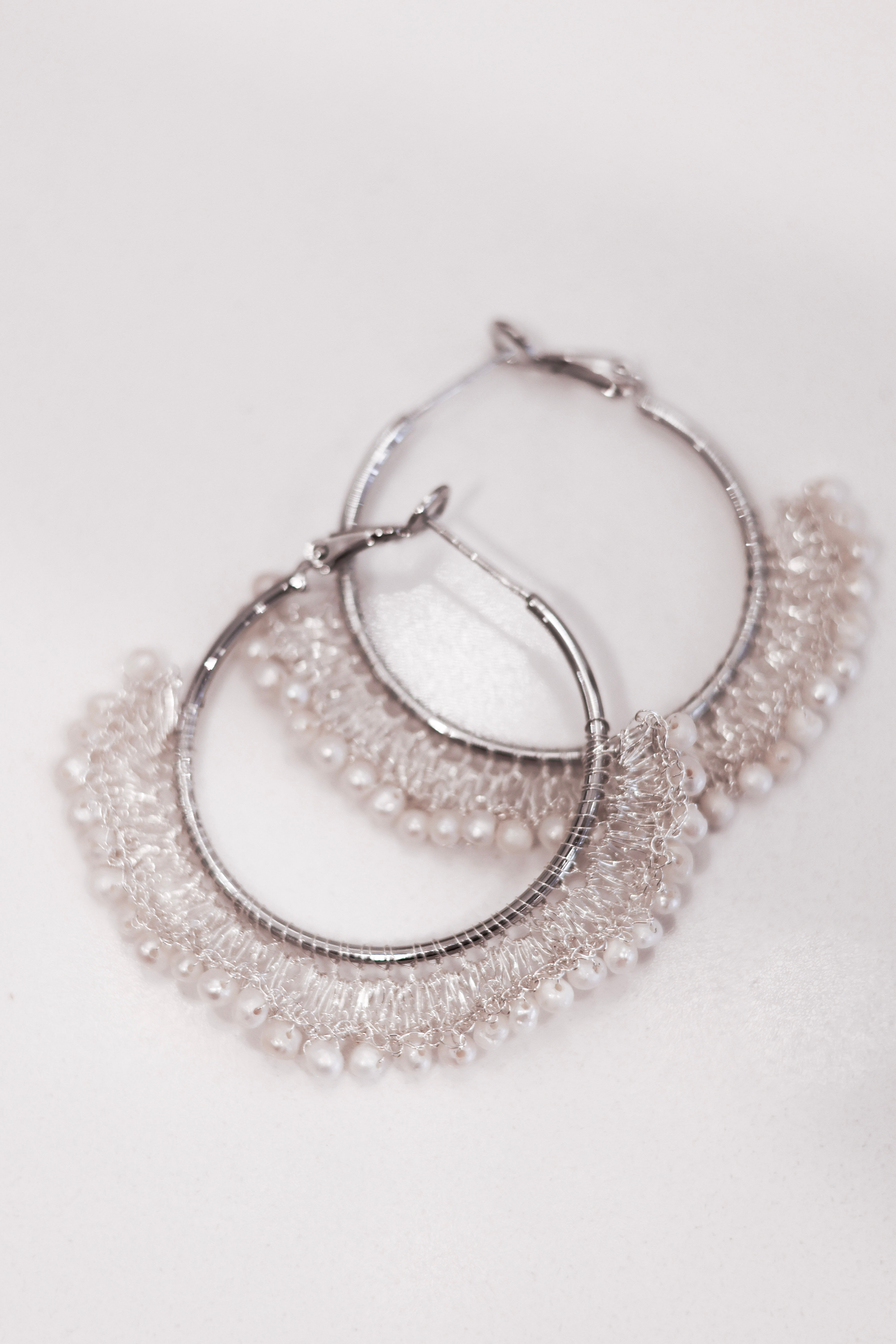 Silver Pearl Hoop Earrings, Handmade Wire Lace Statement Hoops, Bridal Wedding E