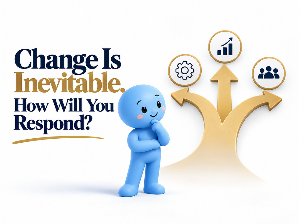 Blue business mascot considering change beside a gold three-way arrow representing different paths for business growth and decision-making.
