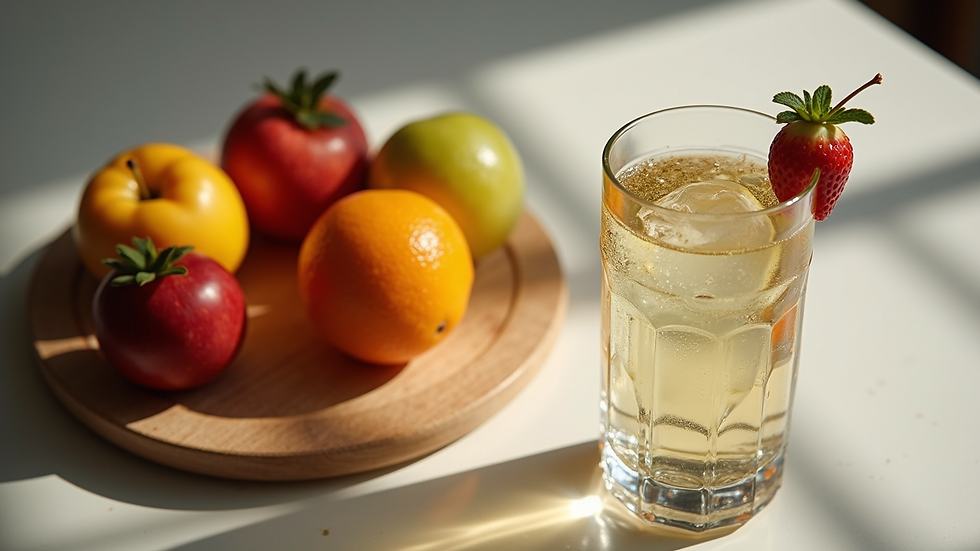 High angle view of a glass of water and fresh fruits on a kitchen table