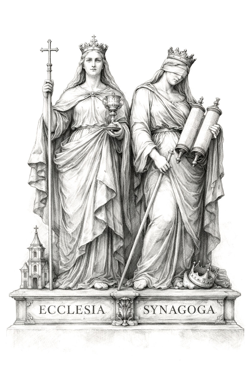The medieval Ecclesia–Synagoga motif arose in Christian Europe to visually promote replacement theology, depicting the Church as triumphant and Judaism as blind. It contradicts the Bible, where ekklesia translates the Hebrew qahal—the assembly of Israel—and where Israel remains God’s covenantal Bride.