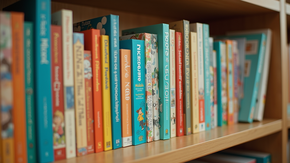 Eye-level view of a colorful bookshelf filled with children's books about money