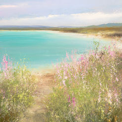 brilliant turquoise sea sets the backdrop for a beautiful sweeping scene of the Isles of Scilly painted in oils by Amanda Hoskin 