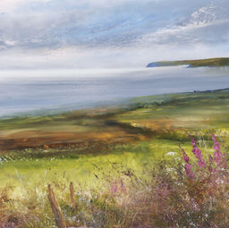 landscape painting in oils with the sea in distance 
