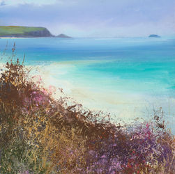 a beach scene with purples and brown flowers and bracken in the foreground 