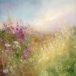 foxgloves and wildflowers in a sunny field painted in oils 