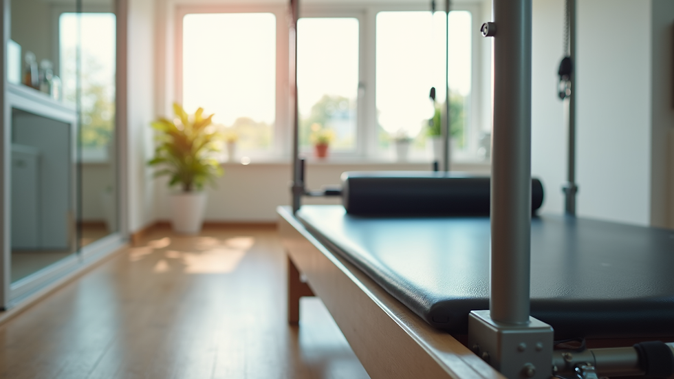 Close-up view of clinical Pilates equipment in a bright therapy room