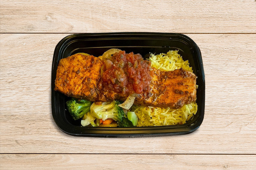 Baked Salmon with Lemon Pilaf and Vegetables