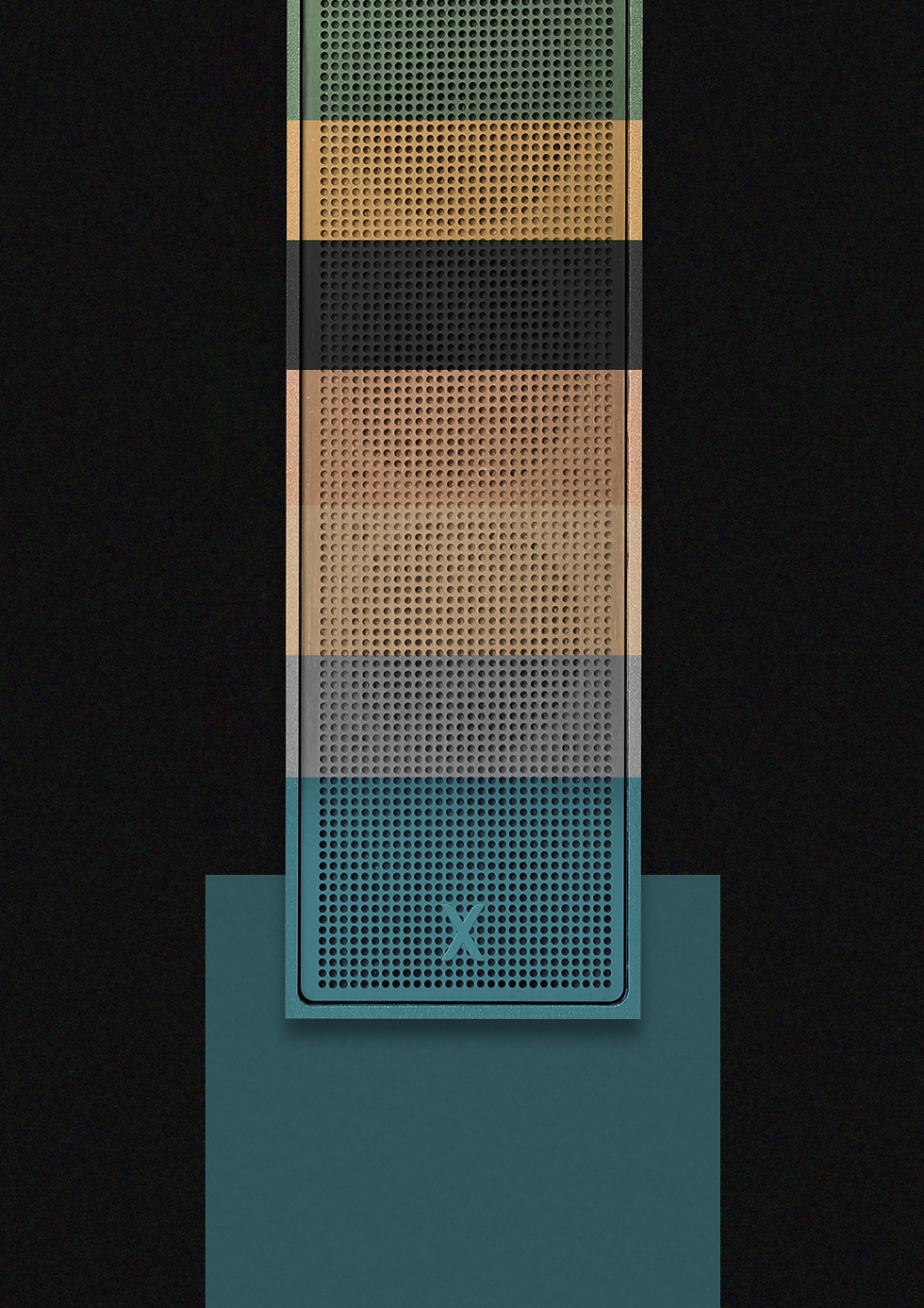 Mini Small Cane Slim Array speakers in Anthracite, Champagne, and White finishes laid out on a designer backdrop