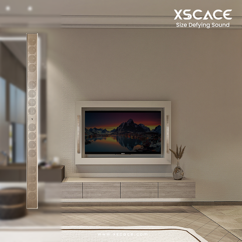 QuadCane speaker with 100W output, sleek screwless design, aerospace-grade aluminum build, customizable colors like Anthracite, Champagne, and White, and marine-treated (IP66) for large spaces and versatile audio performance.