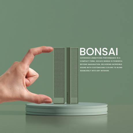 Compact Bonsai speaker delivering 40W sound with a sleek, screwless design, built-in passive crossover, and customizable colors like Anthracite, Champagne, and White, perfect for small to medium rooms and marine-treated (IP66) for durability.