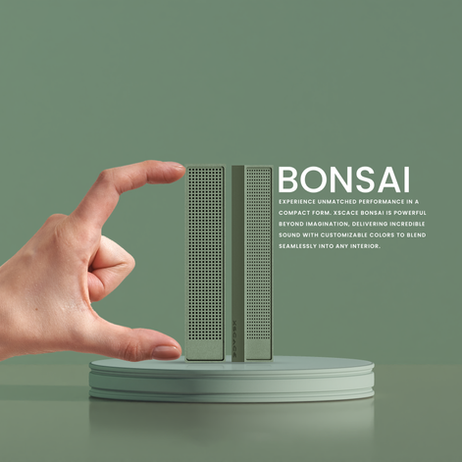 Compact Bonsai speaker delivering 40W sound with a sleek, screwless design, built-in passive crossover, and customizable colors like Anthracite, Champagne, and White, perfect for small to medium rooms and marine-treated (IP66) for durability.