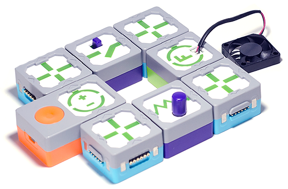 An IQube project showing a fan connected to a resistor and a switch