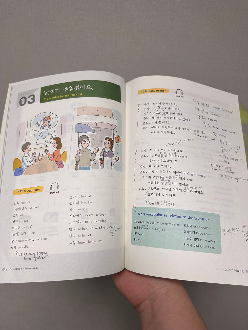 Dialogue page from Korean Through English Book 2 with Korean and English lines and vocabulary.