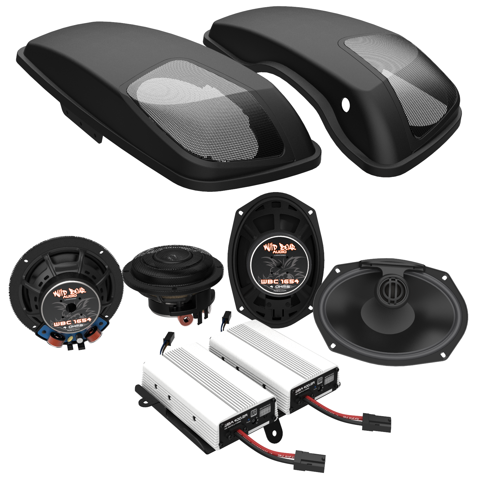 Wild Boar Audio 4 Speaker & 2 Amplifier Kit with Saddle Bag Lids