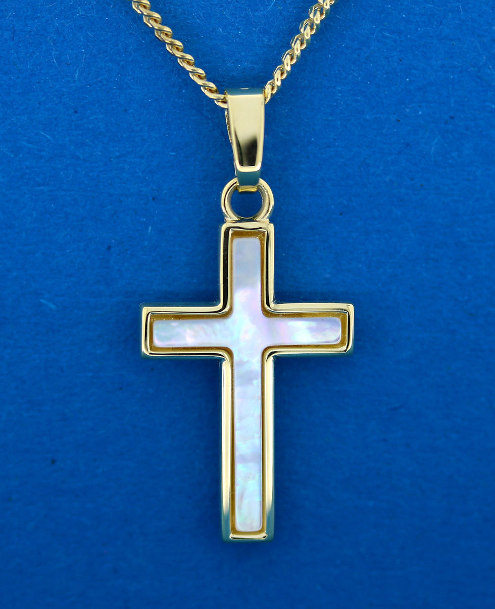 Kreuz, Gold, 375, 333, 8 Karat, 9 Karat, Perlmutt, weiß, zeitlos, Taufe, Kommunion, Konfirmation, Firmung, Schmuck, Anhänger,