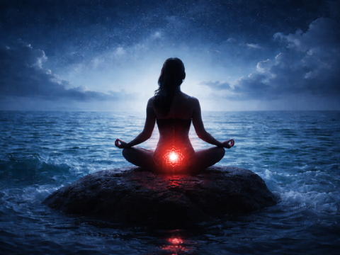Meditating figure with glowing red root chakra sitting on a rock in the ocean at night