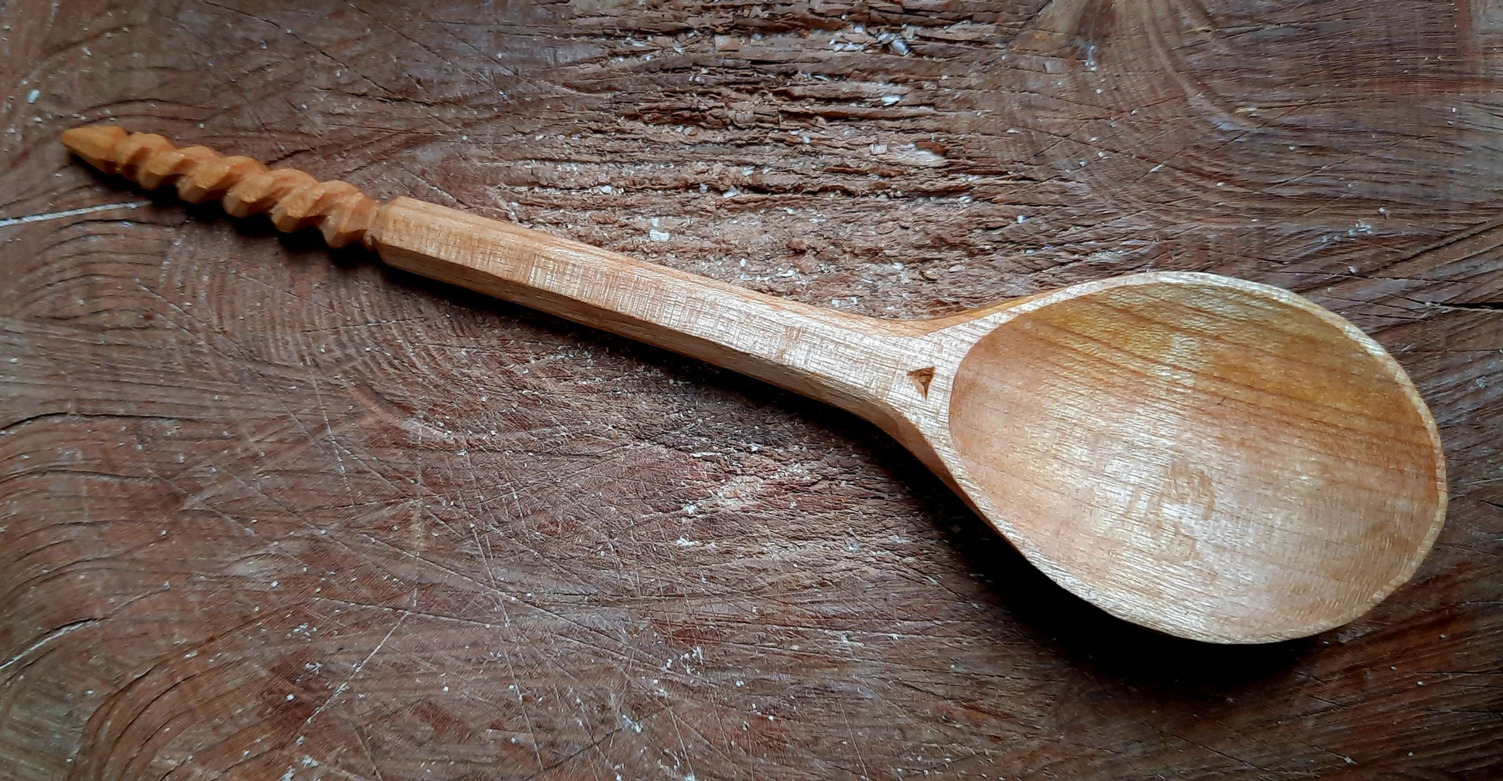 Hand carved wooden medieval style eating spoon cherry chip carving double spiral