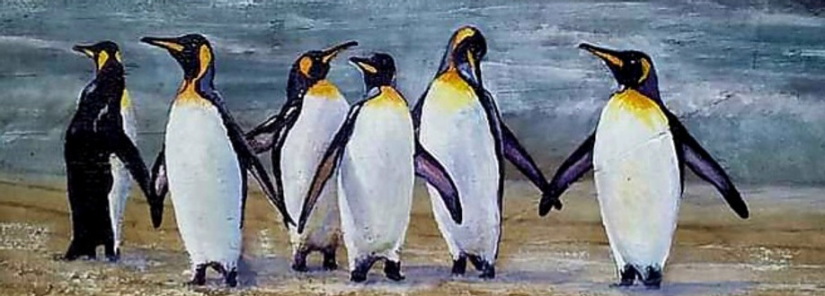Acrylic painting of penguins on driftwood