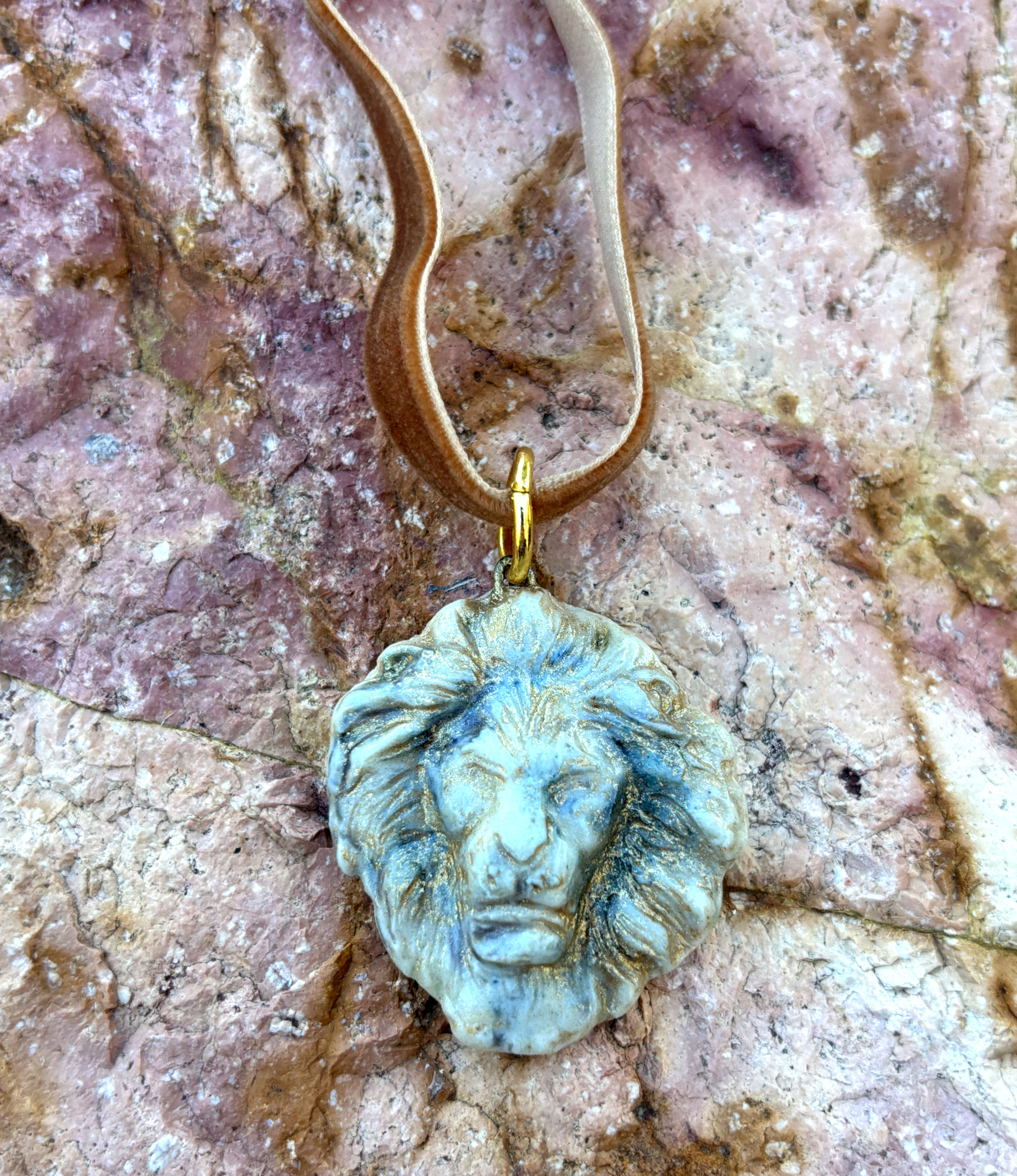 Porcelain Lion Pendant, Bronze Velvet Choker Necklace