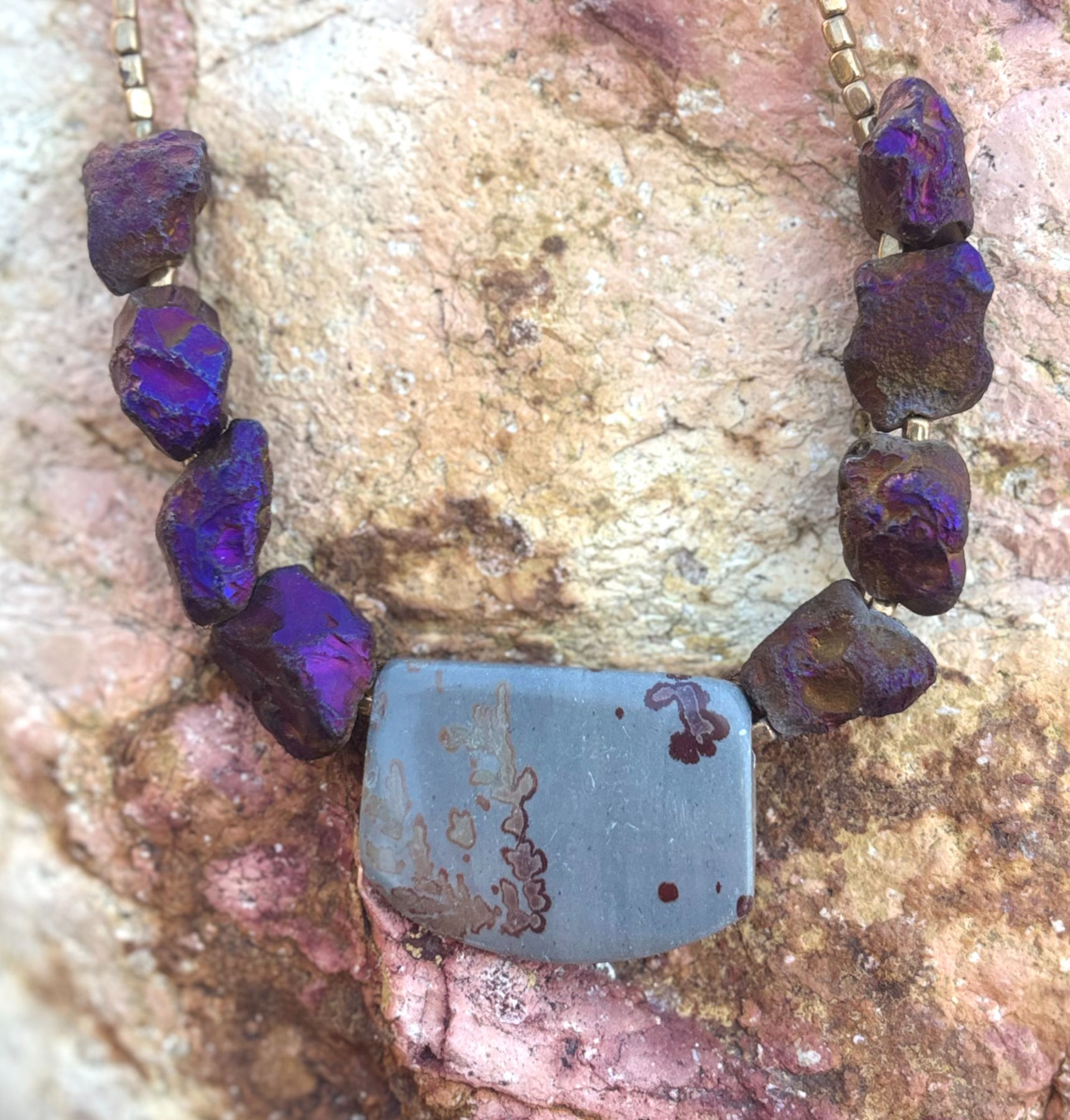 Gray Jasper Purple Quartz Bead Necklace