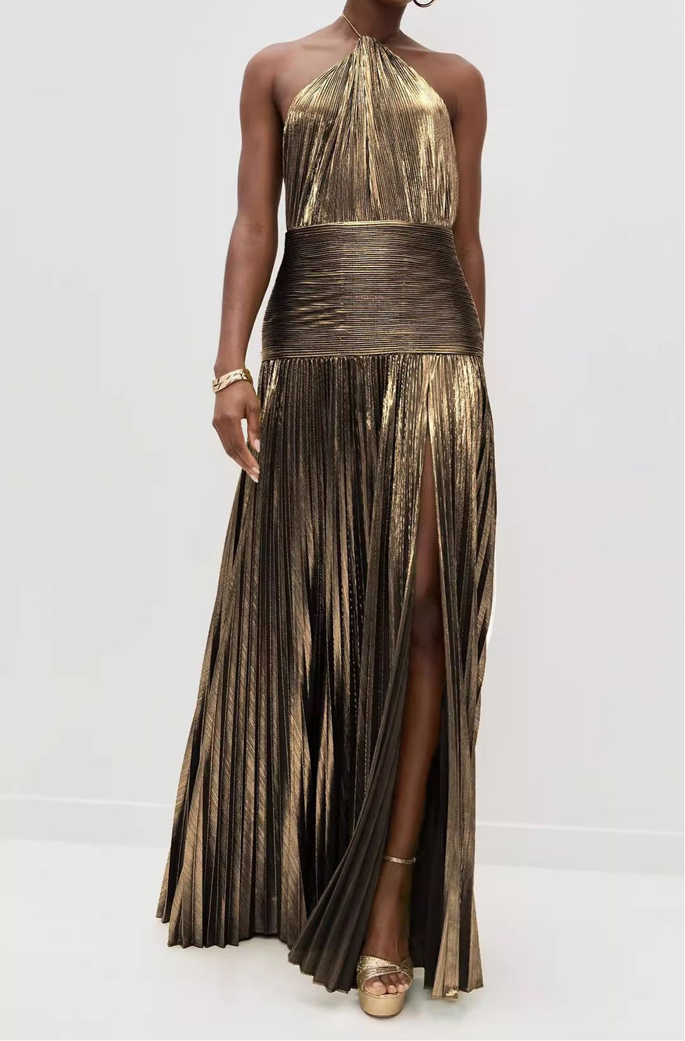 Miniatura: Backless Slit Midi Dress Belted Neckline Sleeveless Formal Gown Polyester Fabric