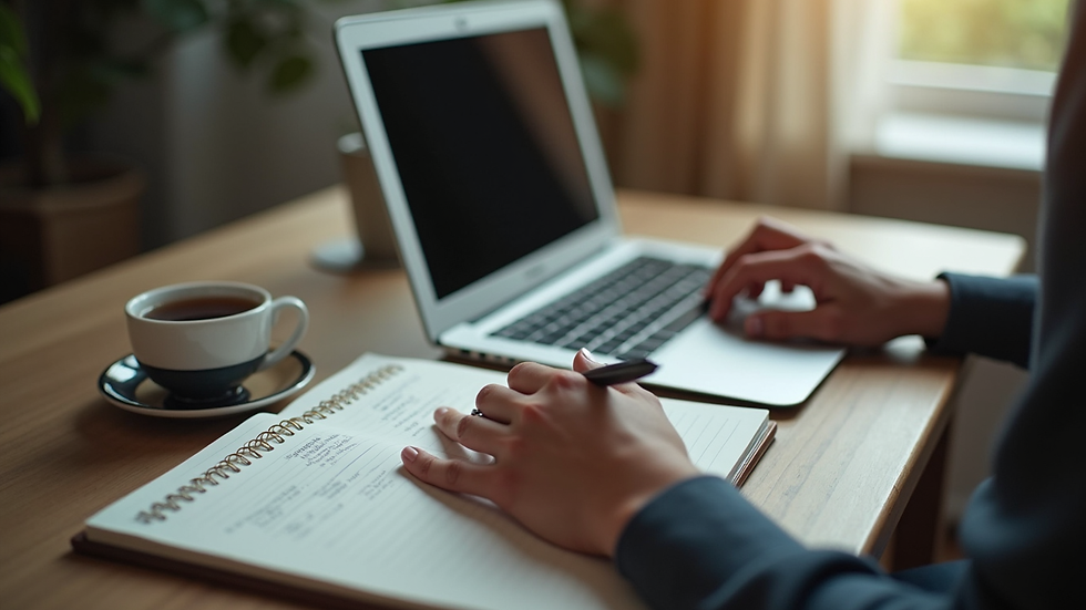 High angle view of a person working on a laptop with notes and a cup of tea