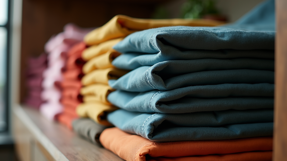Close-up view of folded chef aprons in various colors