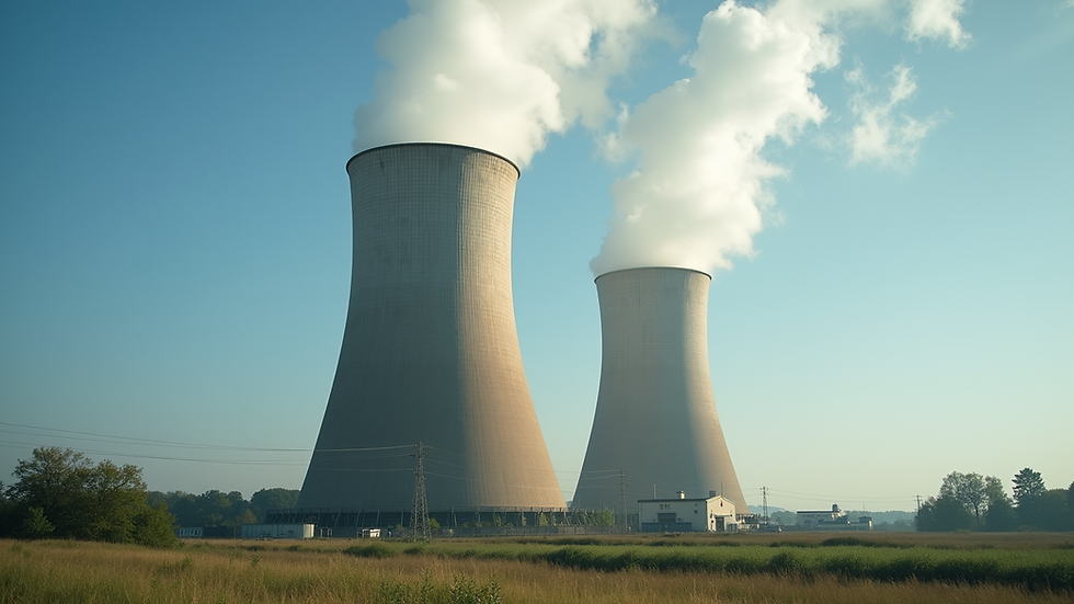 Eye-level view of a nuclear power plant cooling tower releasing steam