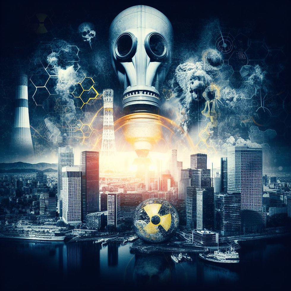 Infographic showing nuclear in a bad light with gas mask, nuclear symbol and city similar to New York looking vulnerable.
