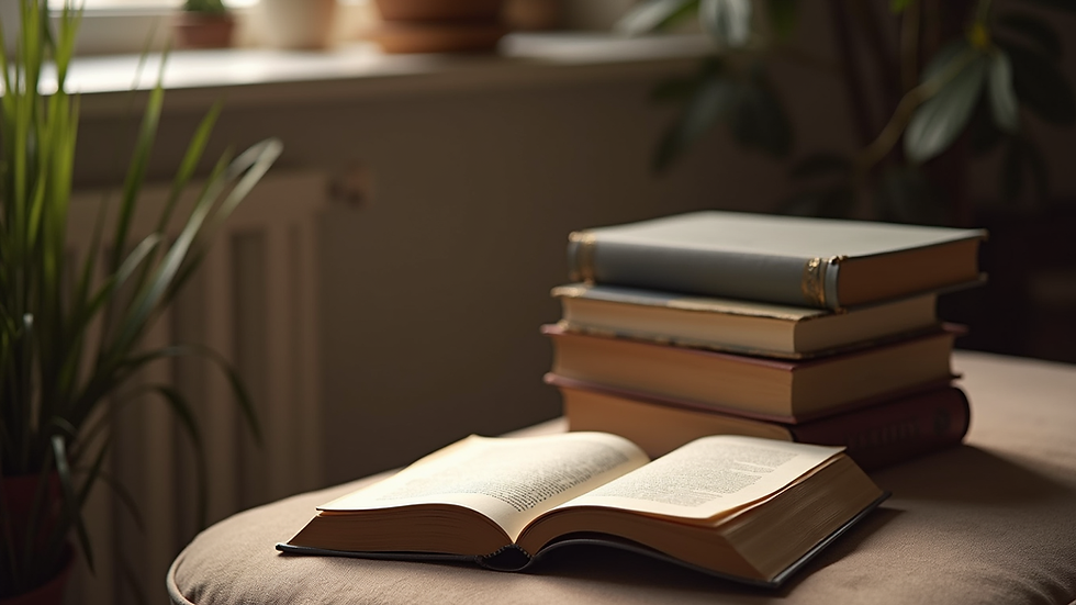 Close-up view of a cozy reading nook with a stack of books