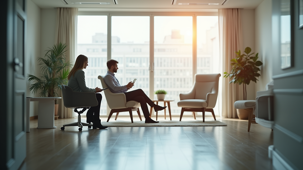 Eye-level view of a consultation room with a comfortable seating arrangement
