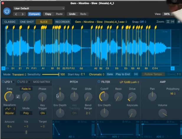 Logic Pro Sampler showing waveform in blue, with controls for pitch, filter, and modulation.