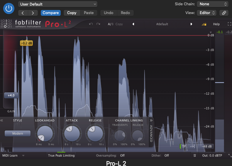 Pro L2 Limiter from Fabfilter showing limiting of an audio podcast.