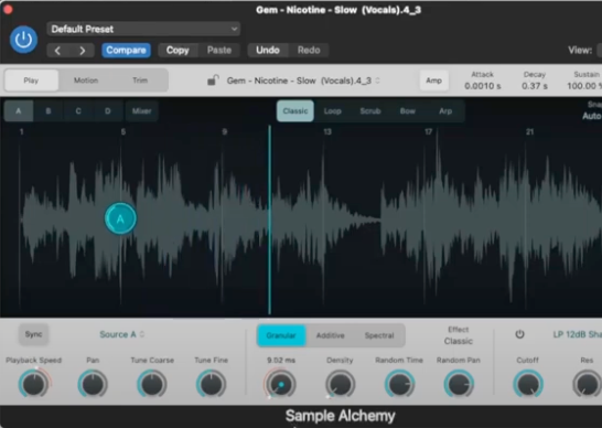 Logic Pro Sample Alchemy plugin showing a blue waveform with controls like play, stop, and effects.