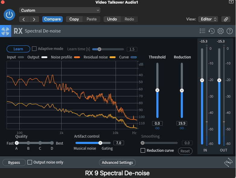 Podcast Noise Removal inside audio editing software interface with spectral de-noise graph and controls. Sliders for threshold and reduction are set. Text reads: "RX 9 Spectral De-noise".