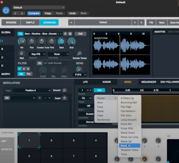 Logic Pro Alchemy plugin showing waveform, modulation, and control options. Menus include presets like "Ramp Up." Blue and gray color scheme.