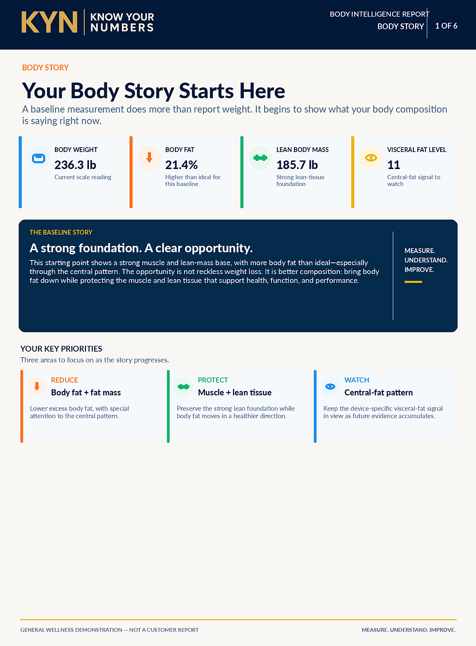 Anonymized KYN Body Story report page showing body weight, body fat, lean mass, visceral fat level, and three personalized priorities.
