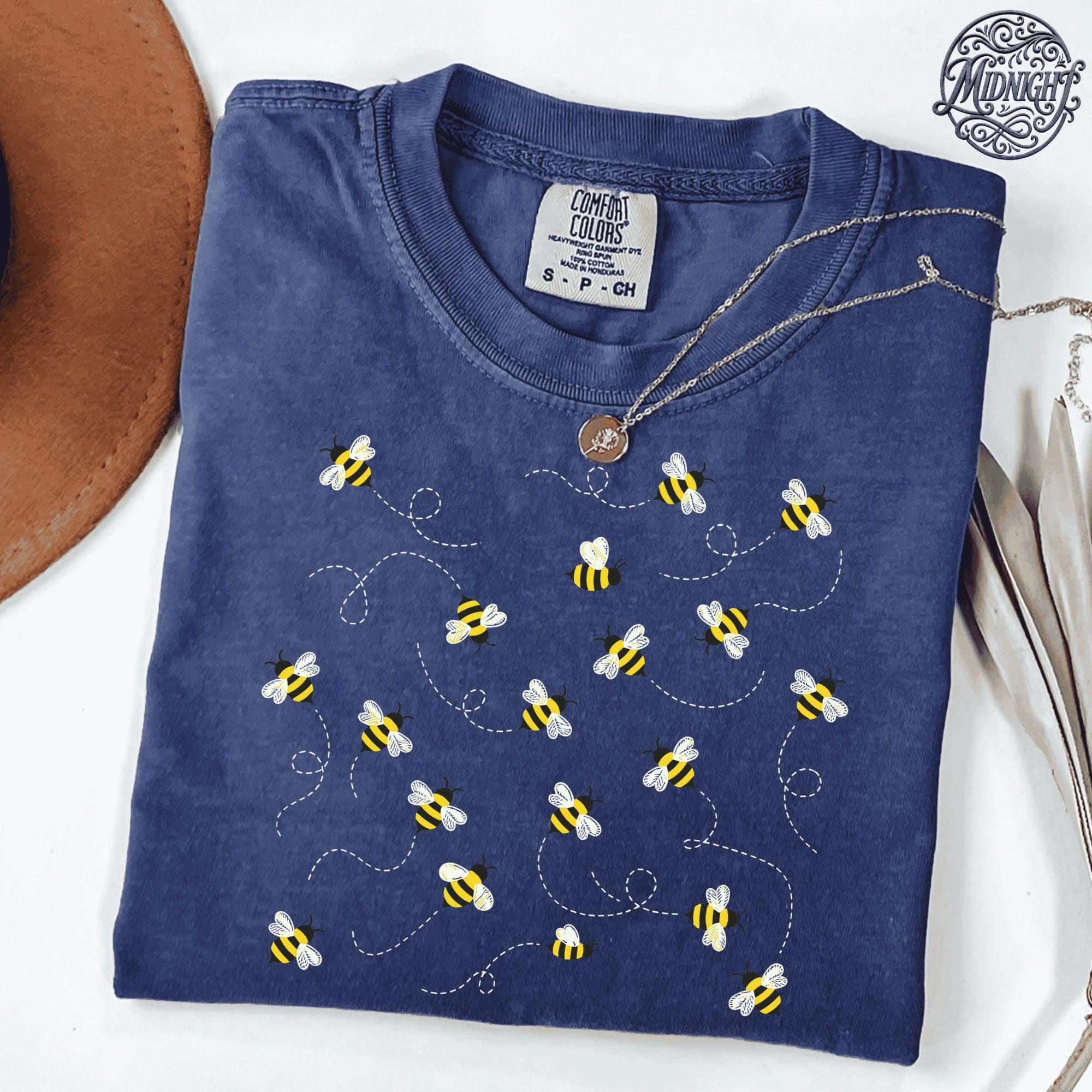 Whimsical Bee Pattern T-Shirt, Nature Lover Graphic Tee, Garden Top, Comfort Co…