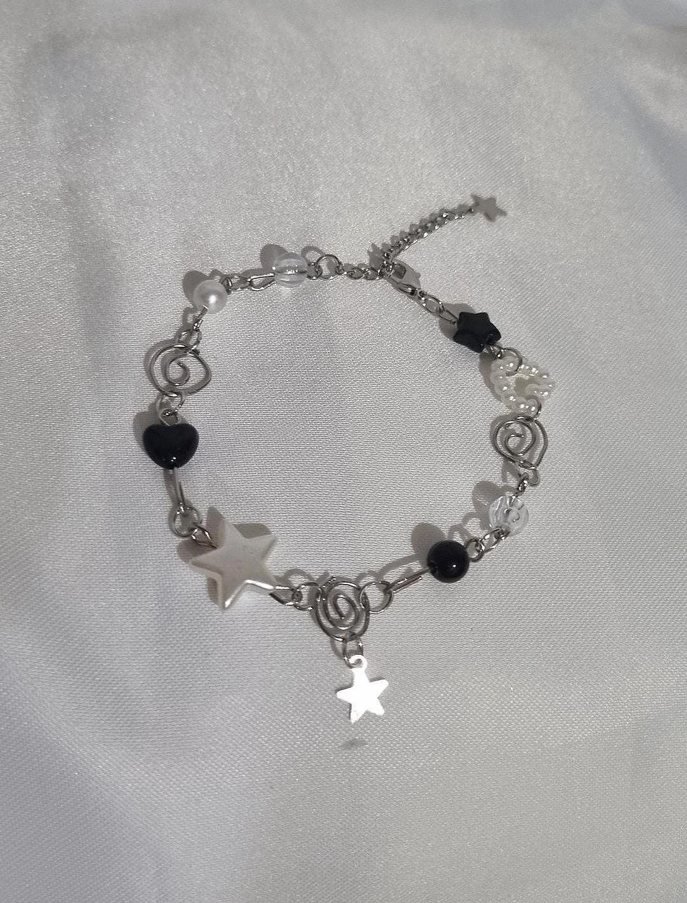 Thumbnail: BlackSilver spiral and star charm acrylic beads y2k bracelet