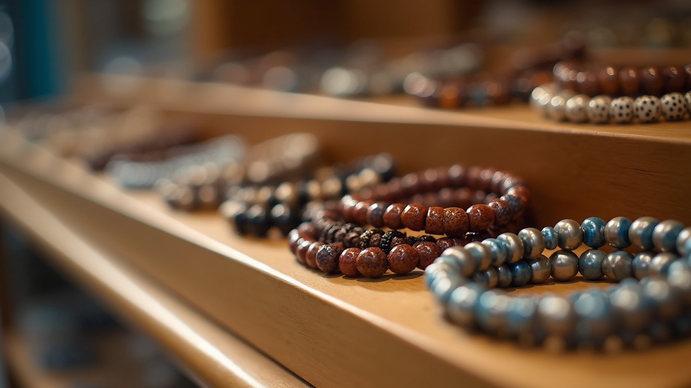 Eye-level view of a wooden display with handmade beaded bracelets