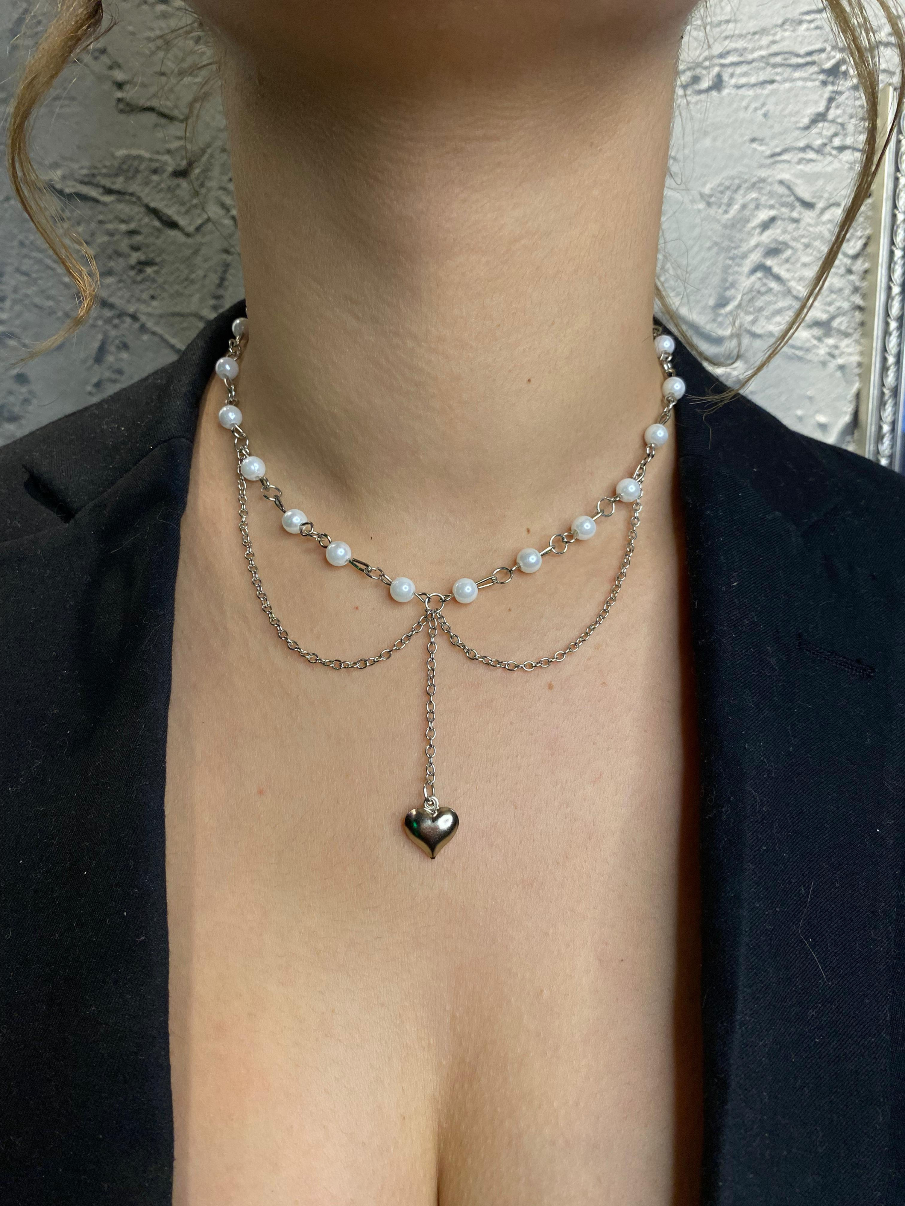 White Glass Pearl and Silver Plated Solid Heart Necklace