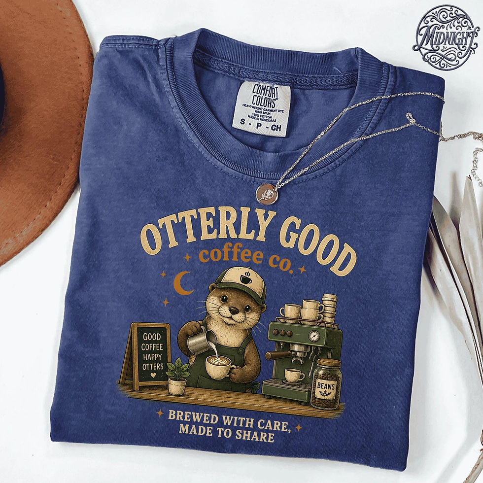 Thumbnail: Otterly Good Coffee Co T-Shirt, Retro Barista Otter Graphic Tee, Cozy Cafe Anim…